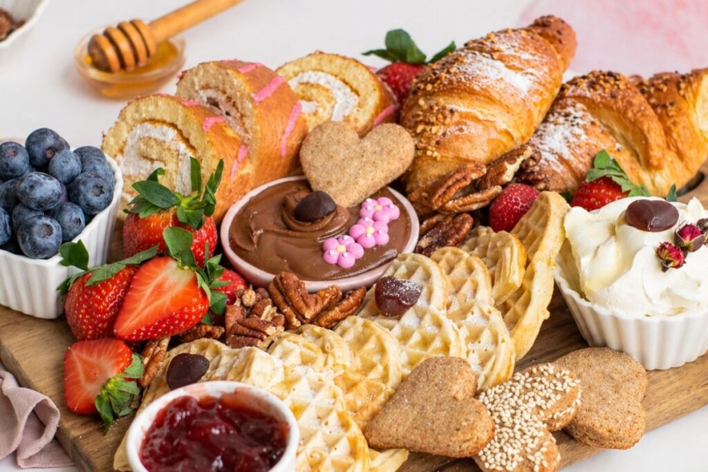 A delightful Breakfast Board featuring waffles, croissants, jam, fresh berries, cookies, whipped cream, nuts, and a bowl of chocolate spread—perfect for celebrating Mother’s Day.