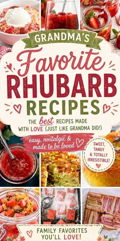 A collage of rhubarb desserts with text reading “Grandma’s Favorite Rhubarb Recipes—The best seasonal desserts made with love. Easy, nostalgic, sweet, tangy, and family favorites.”.