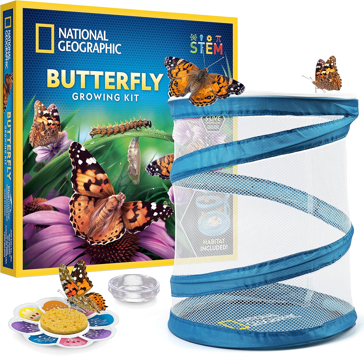 National Geographic Butterfly Growing Kit with a mesh habitat, butterflies, food tray, and packaging shown in the background—now available with Free Shipping from Woot.