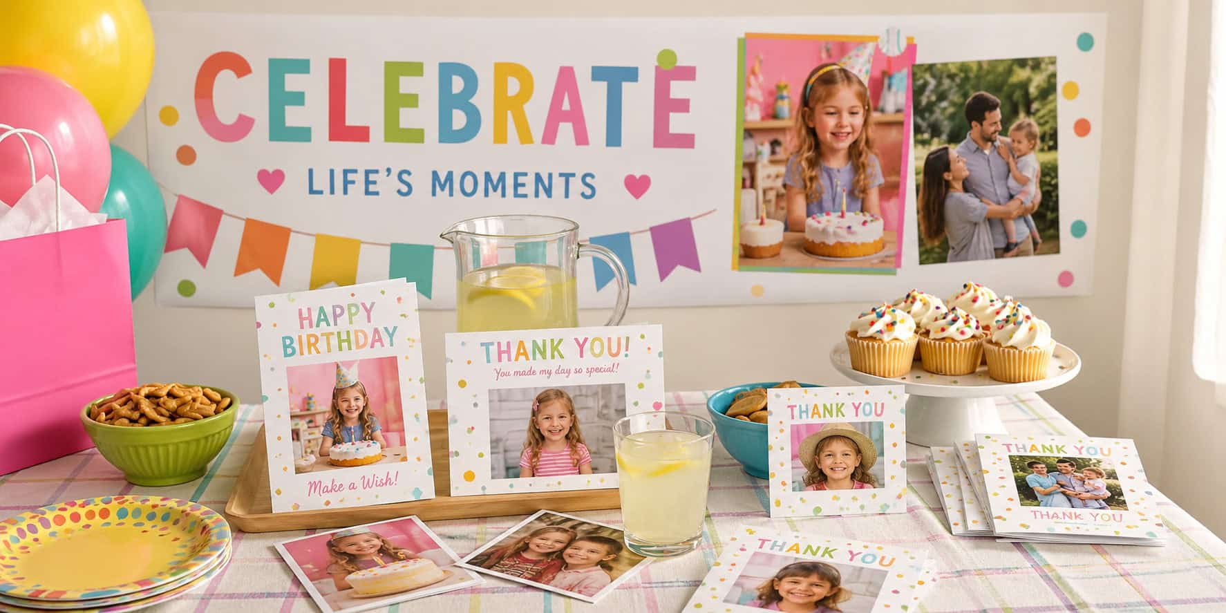 A birthday party table with lemonade, cupcakes, snacks, free photo cards, thank you cards, balloons, and a "Celebrate Life’s Moments" banner with family pictures and photos of a child in the background.