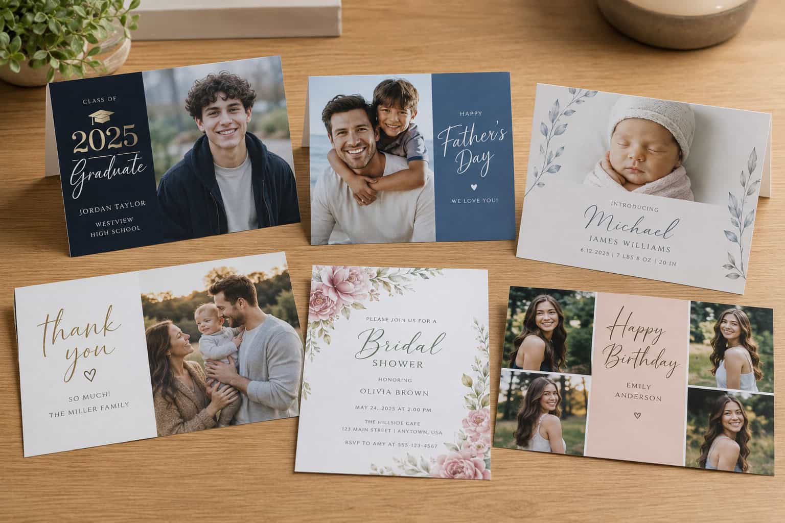 A variety of free photo cards are displayed on a wooden surface, featuring occasions such as graduation, Father's Day, birth announcements, thank you, bridal shower, and birthday.