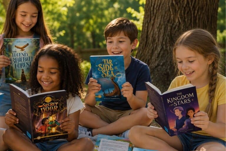 Four children sit outdoors on the grass, smiling and reading different books together in front of a large tree on a sunny day, enjoying their summer reading program.