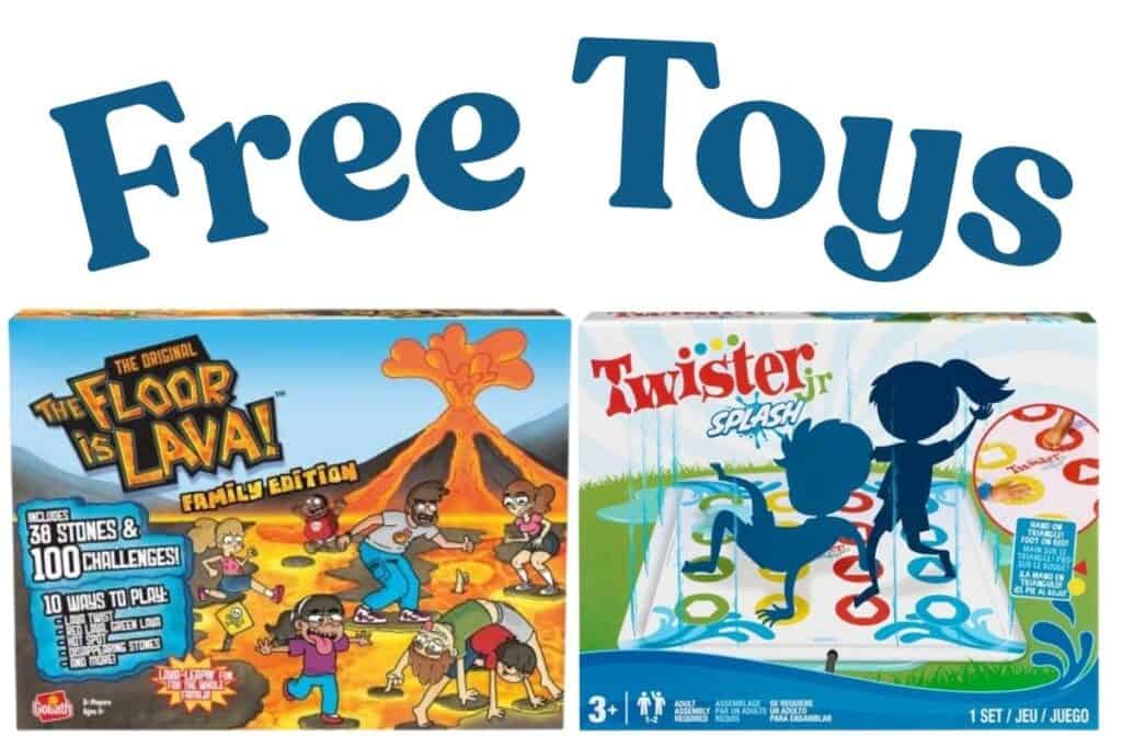 Two boxed children's games, "The Floor is Lava! Family Edition" and "Twister Splash," are shown under the heading "FREE Toys" with free shipping available at Woot.