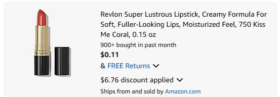 Revlon Lipstick Super Lustrous in coral shade, shown with both open and closed tubes; shipped from Amazon, product price displayed as $0.11 after discount.