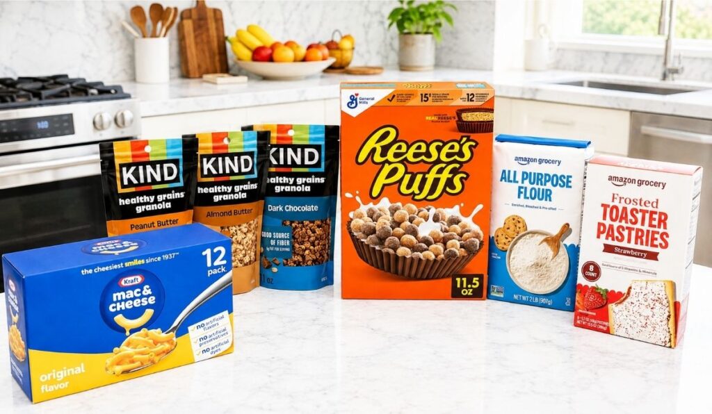 A variety of packaged foods, including granola, Reese's Puffs cereal, mac & cheese, flour, and toaster pastries from the latest Amazon grocery deals arranged on a kitchen counter.