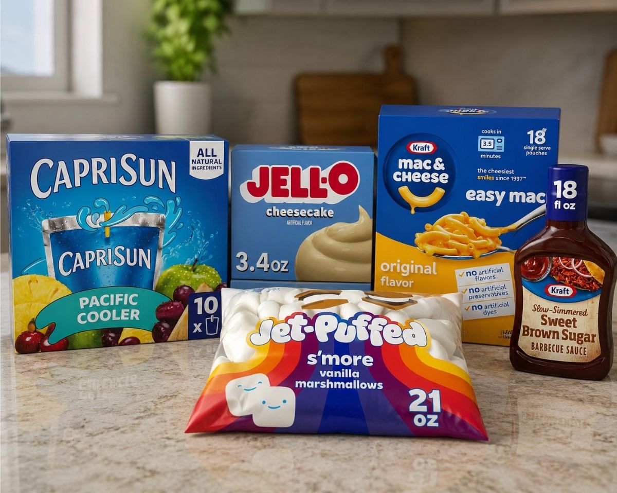 A variety of packaged foods on a kitchen counter, including Capri Sun, Jell-O cheesecake mix, Kraft mac & cheese, Jet-Puffed marshmallows, and Kraft barbecue sauce—perfect picks for those seeking Amazon Grocery Deals.