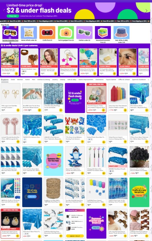 Screenshot of an online shopping site featuring $2 and under flash deals, with a variety of products in a grid—perfect for your next Amazon haul of toys, home goods, and accessories—all at deals you can't miss.