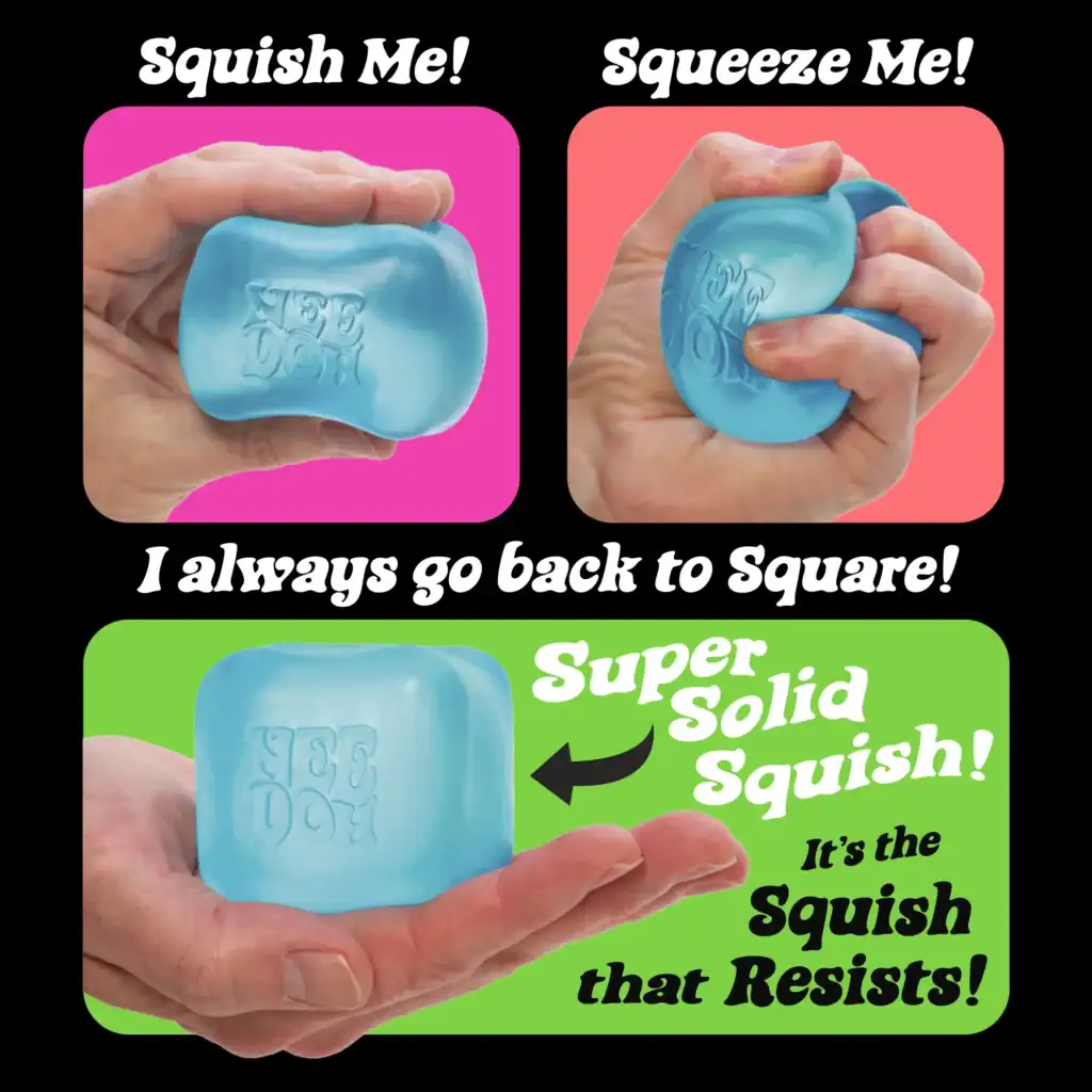 Three images show a blue squishy toy labeled "Nee Doh Nice Cube" being squeezed and returning to its original square shape, with text promoting its solid, resilient texture. Try the fun—get your Free NeeDoh today!.