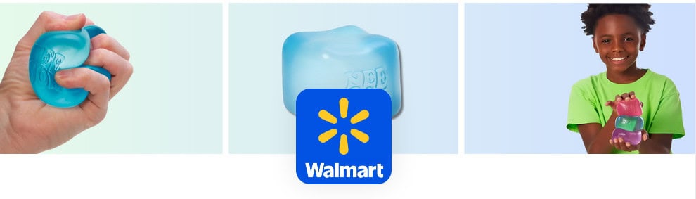 A person squeezing a blue NeeDoh stress ball, a Nice Cube squishy toy, and a smiling child holding stacked squishies with a Walmart logo in the center.