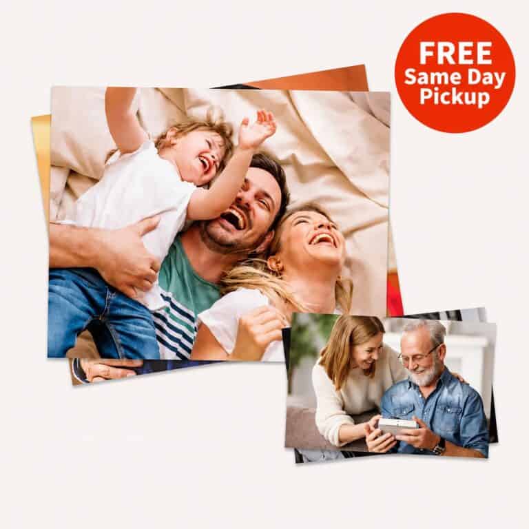 A stack of printed family photos, including one of a couple with a child and another of an older couple using a tablet; a "FREE Same Day Pickup" label highlights easy Free Photo Prints.