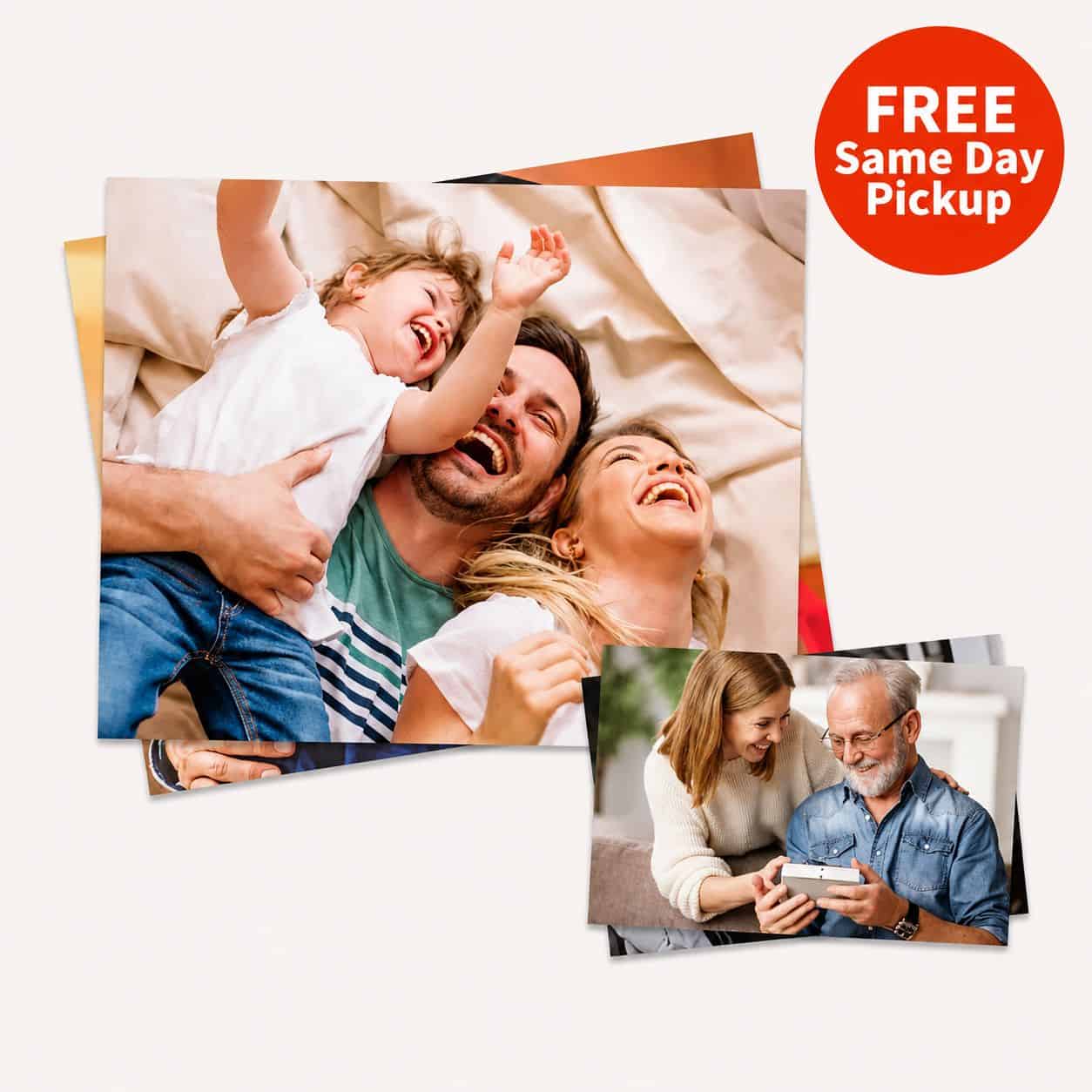 A stack of printed family photos, including one of a couple with a child and another of an older couple using a tablet; a "FREE Same Day Pickup" label highlights easy Free Photo Prints.