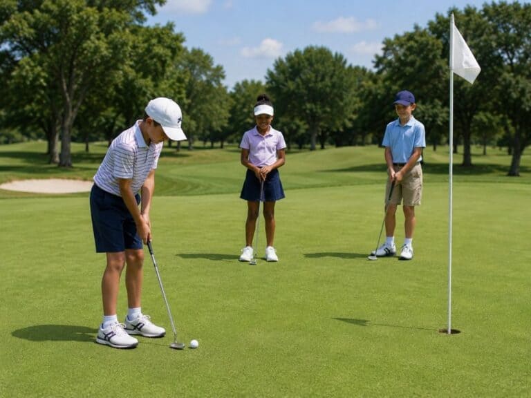 Three children enjoy a sunny day on the green; one is putting while the others watch by the hole and flag, highlighting Youth on Course and making Golf for Kids accessible and fun.