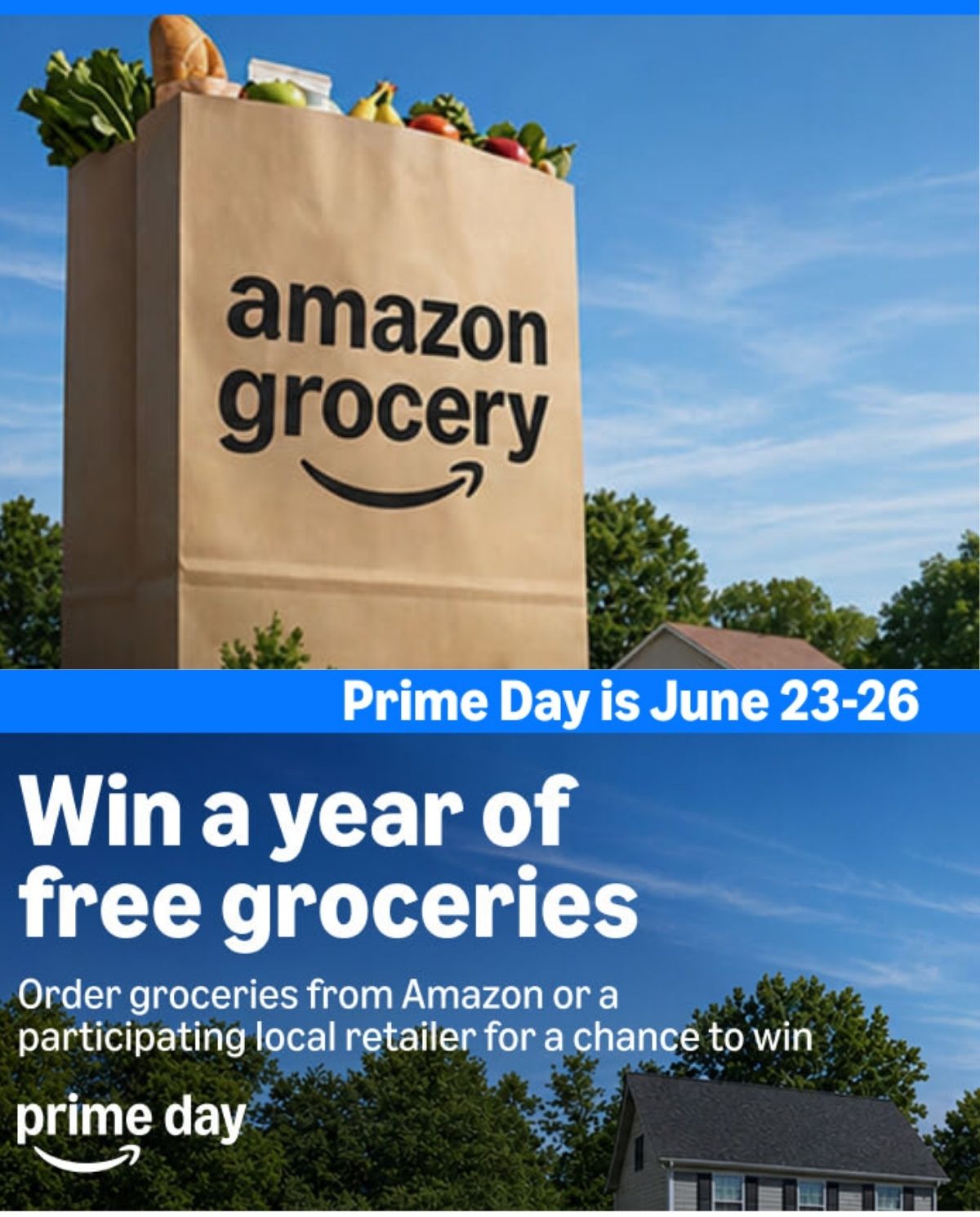 A paper grocery bag labeled "amazon grocery" sits outdoors. Text below advertises an Amazon giveaway for Prime Day: enter June 23-26 for a chance to win free groceries for a year.