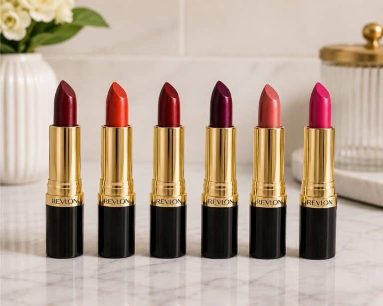 Six Revlon Lipstick shades are lined up on a marble countertop, with a white flower and glass container in the background—ready to be shipped right to your door from Amazon.