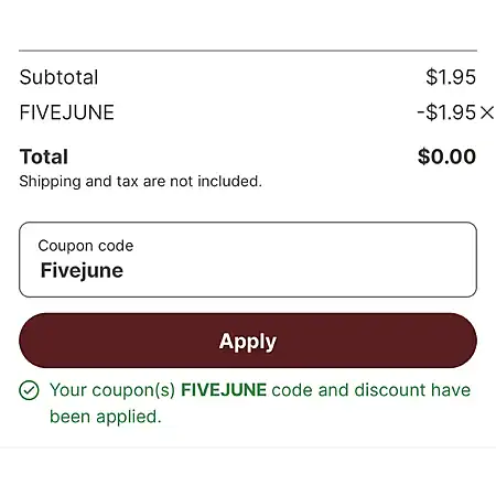 Screenshot of a checkout page showing a $1.95 subtotal, a discount of $1.95 for free photo prints using code FIVEJUNE, and a total of $0.00. Coupon code is confirmed as applied.