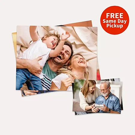 A stack of printed family photos is shown, with a "walgreens free photo Same Day Pickup" label in the top right corner.