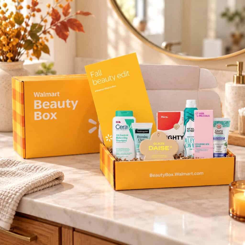 An open Walmart Beauty Box with skincare items sits beside a closed box and a “Fall beauty edit” card.