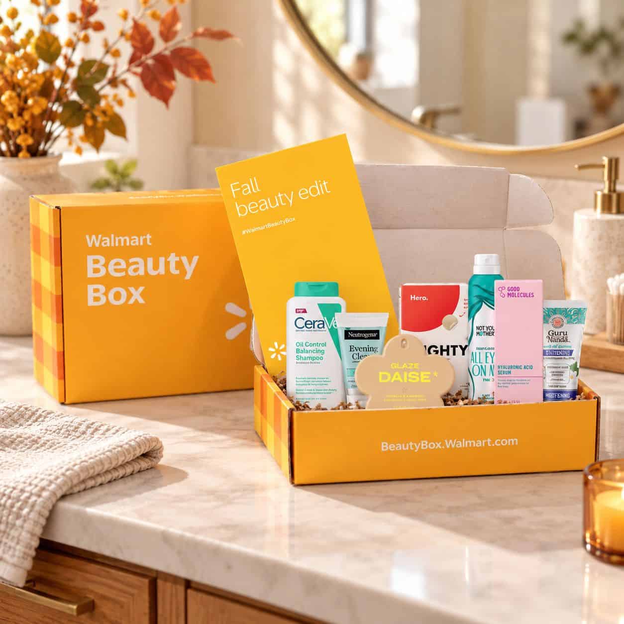 An open Walmart Beauty Box with skincare items sits beside a closed box and a “Fall beauty edit” card.