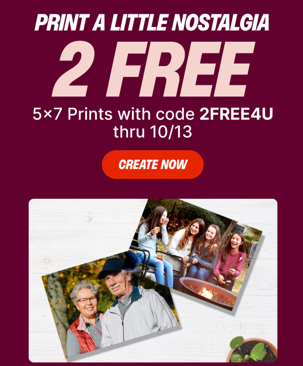 Two 5x7 prints featuring outdoor portraits, available for free using the discount code 2FREE4U.