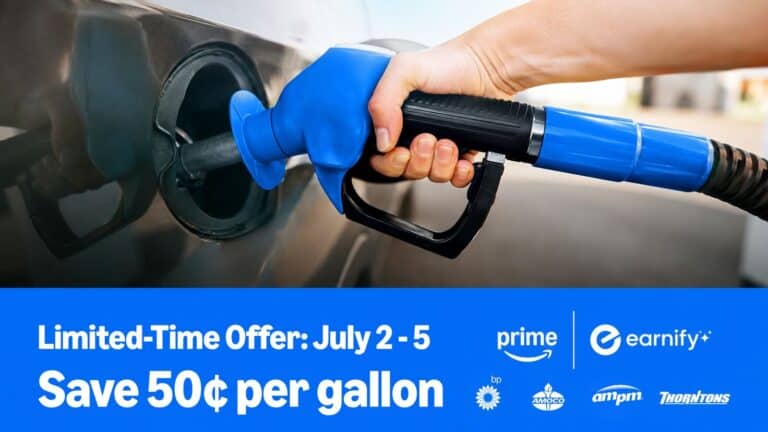 Hand fueling a car at a gas station, with banner: "Limited-Time Offer: July 2-5. Save 50¢ per gallon.