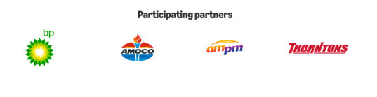 BP, Amoco, ampm, and Thorntons logos arranged in a row below the heading “Participating partners.”.