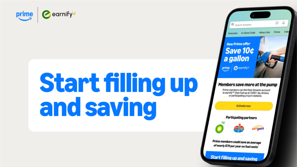 A smartphone shows an Amazon Prime offer for 10¢ off per gallon, with text reading "Start filling up and saving.