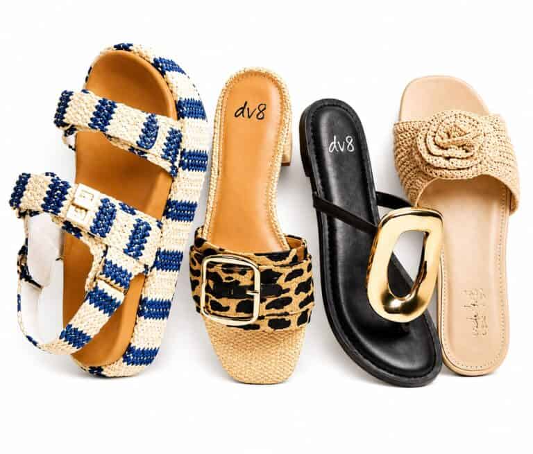 Four women’s sandals: blue striped platform, animal print with buckle, black with gold accent, and tan braided flower.