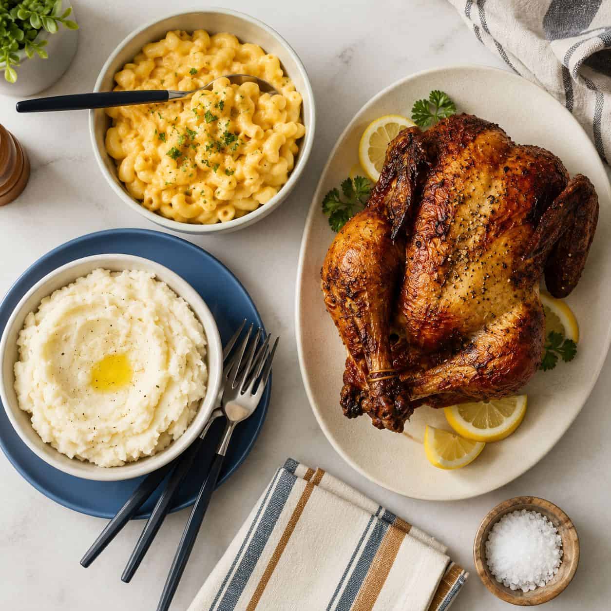 Roast chicken garnished with lemon slices, served alongside mashed potatoes and macaroni and cheese on a white table.