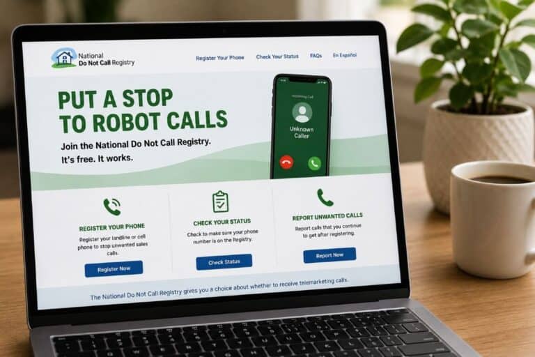 The National Do Not Call Registry website open on a laptop, with options to register, check status, and report calls.