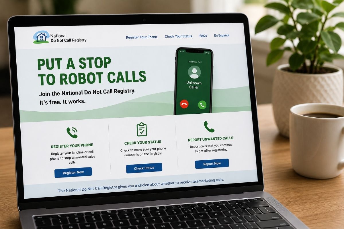 The National Do Not Call Registry website open on a laptop, with options to register, check status, and report calls.