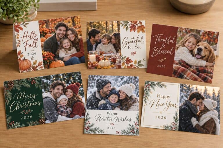 Six 2026 holiday photo cards with family pictures and seasonal designs are arranged on a wooden table.