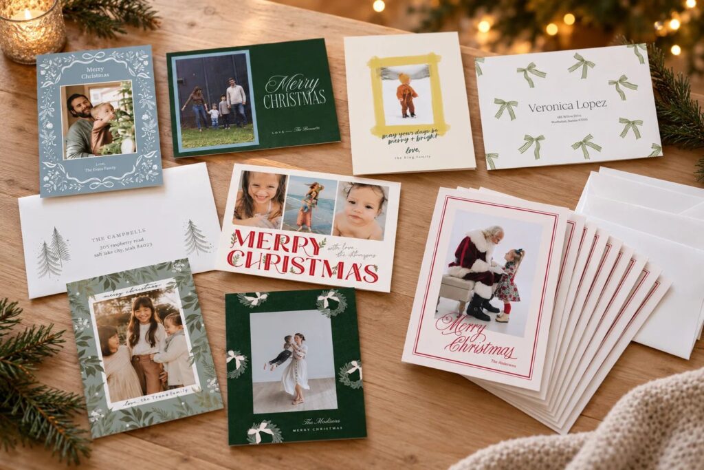 Assorted Christmas cards featuring family portraits and seasonal designs displayed on a wooden table.
