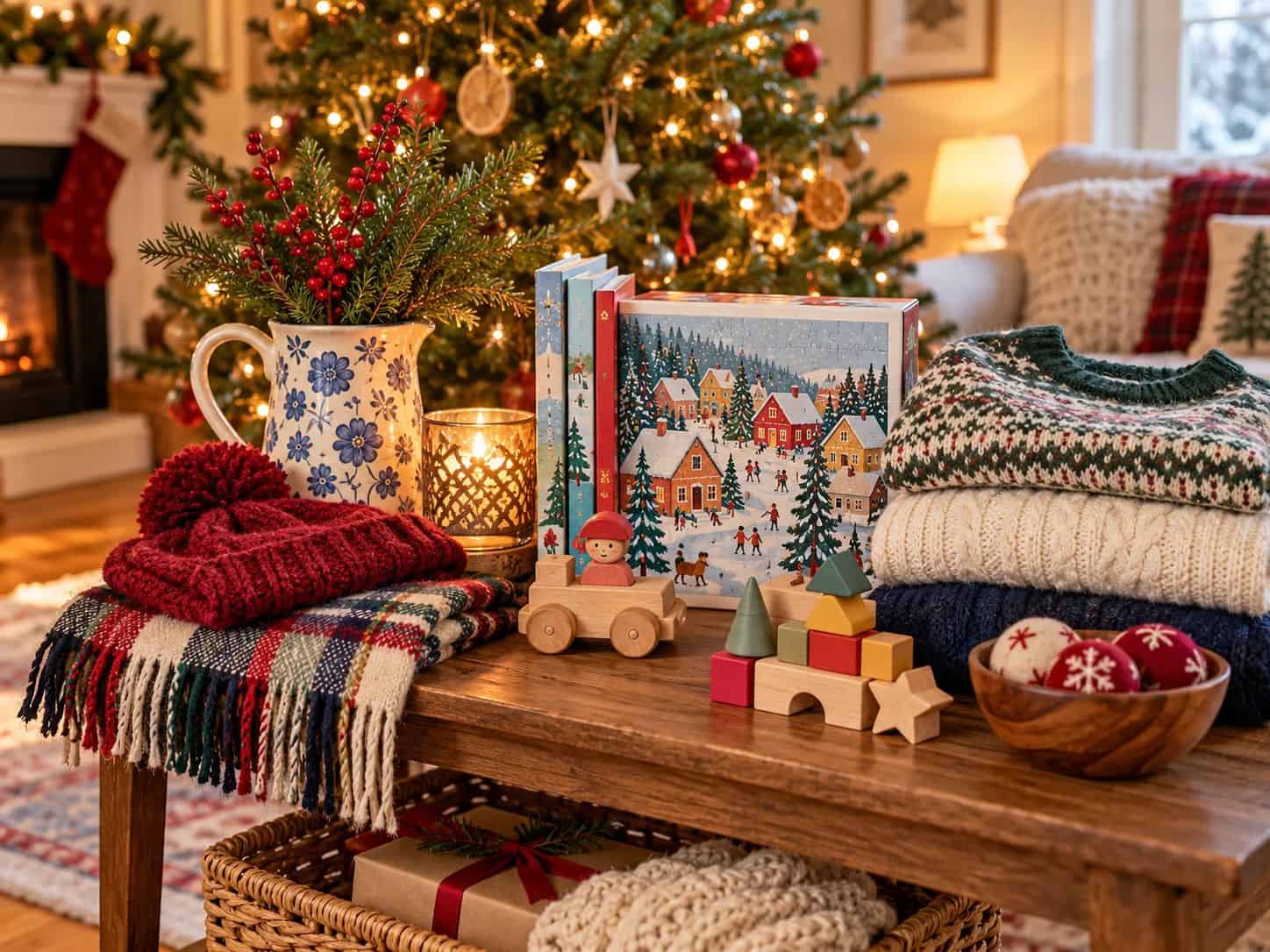 A winter jigsaw puzzle, folded sweaters, and festive holiday decor rest on a wooden coffee table.